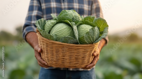 Fresh Organic Cabbages Harvested from Green Farmland with a Warm Sunset Background