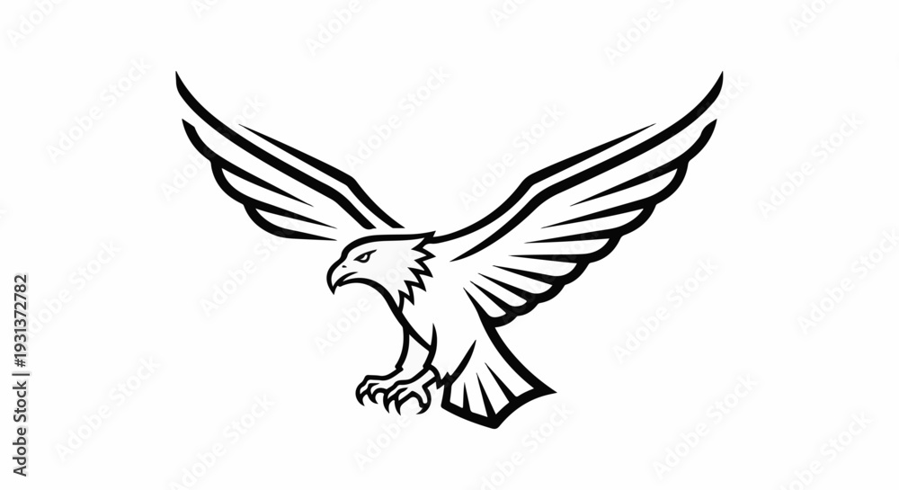 Fototapeta premium Stylized black line drawing of an eagle with spread wings in flight