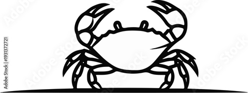 Stylized black and white outline drawing of a crab with its claws raised