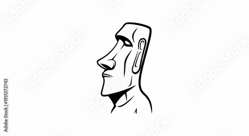 Stylized black and white outline of a monumental stone head in profile