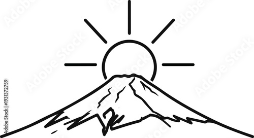 Stylized black line drawing of a mountain peak with a sunburst rising behind it