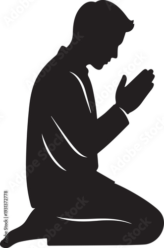Man in prayer silhouette kneeling in devotion and spirituality