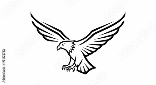 Stylized black line drawing of an eagle with spread wings in flight