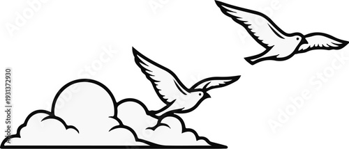 Two birds fly past puffy clouds against a white background