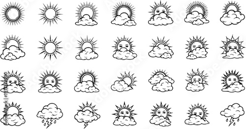 Black and white outline weather icons set with sun, clouds, and variations like partly cloudy, sunny, rainy, and stormy, for forecast and design.