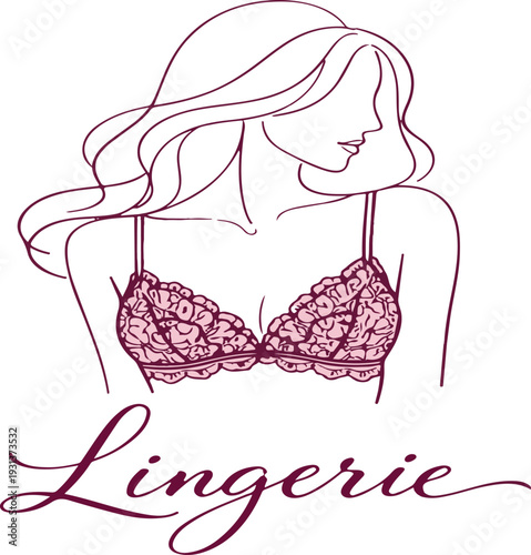 Elegant Lingerie Boutique Logo Design Vector Illustration featuring a Beautiful Woman in a Lacy Bra – Perfect for Fashion, Beauty & Underwear Brands, Shops & Websites.