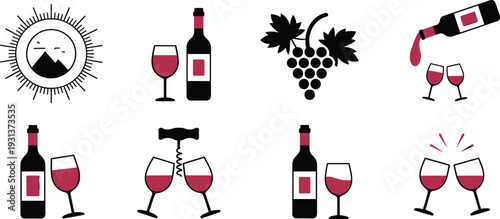 Stylized vector illustrations of wine culture icons including bottles, glasses, grapes, corkscrew, and celebratory toasts for vineyard and design themes.