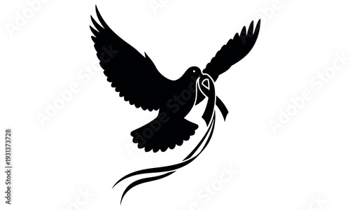 Silhouette of a bird in flight with ribbons tied to its leg symbolizing freedom and release