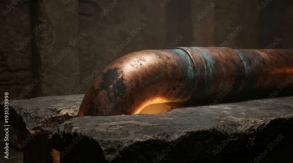 Fototapeta premium Oxidized Copper Pipe Glowing In Dark Ancient Stone Wall