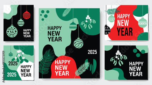 Set of modern happy new year 2025 greeting cards with abstract shapes ornaments and pine branches in green red and black tones.