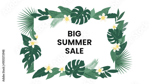 Tropical floral frame composed of monstera and palm leaves with white frangipani flowers surrounding big summer sale text.