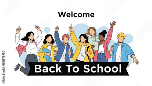 Group of diverse happy students jumping for joy behind a welcome back to school black banner on a light background.