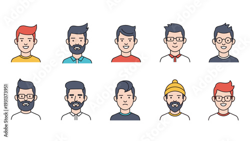 Collection of ten diverse male avatar icons featuring various hairstyles beards glasses and facial expressions in flat line style.