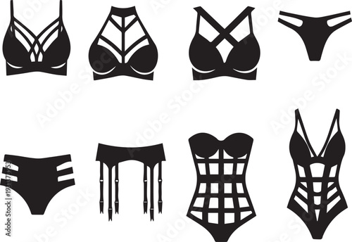 Stylish Women's Bodysuit & Lingerie Silhouettes Vector Icon Set - Diverse Swimwear and Underwear Fashion Illustrations for Design Projects