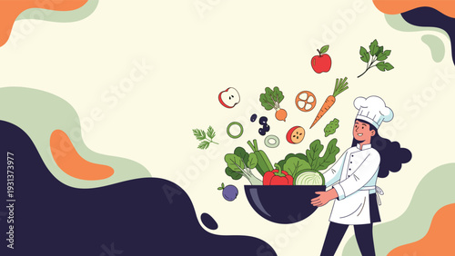 Smiling female chef tossing fresh vegetables like lettuce carrots and apples into a large bowl in a modern flat style.