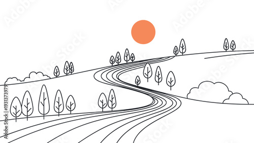 Simple black line drawing of a winding road leading through rolling hills with a bright orange sun in the sky background.