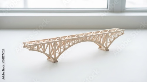 Wooden Bridge Model Crafted From Sticks With A Truss Arch Design On A Bright White Surface