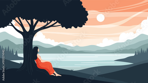 Peaceful landscape illustration of a woman in a red dress sitting under a tree by a lake at sunset overlooking mountains.
