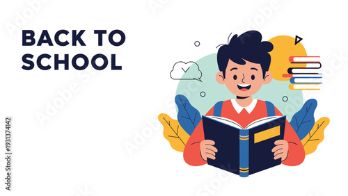 Happy young boy reading a large book with school supplies and back to school text on a clean white background.