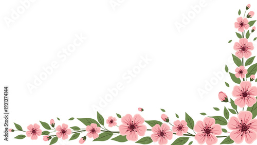 Beautiful floral border features pink cherry blossoms and green leaves arranged in a delicate corner frame on white space.