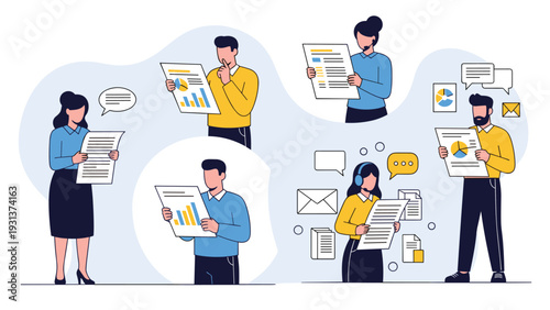 Group of diverse office professionals review business reports and data charts in a clean modern flat illustration style.