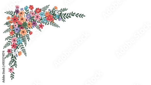 Colorful wild flowers and lush green foliage create a vibrant corner border arrangement on a clean white background.