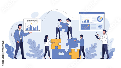 Group of business professionals work together to assemble large puzzle pieces as a metaphor for strategic data analysis.