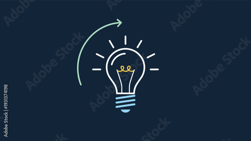 Glowing light bulb icon with a circular arrow represents continuous innovation and creative energy on a dark blue background.