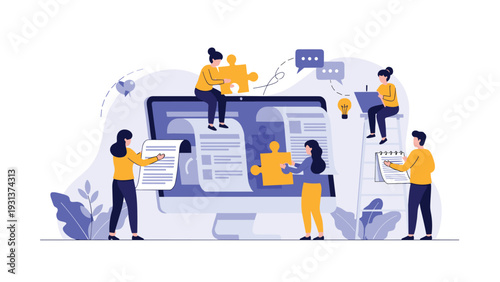 Diverse group of professionals working together on a large computer monitor screen to assemble complex puzzle pieces and tasks.