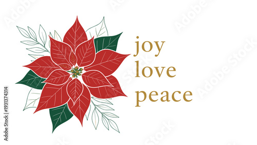 Christmas poinsettia flower illustration includes the words joy love and peace in elegant gold text on a white background.