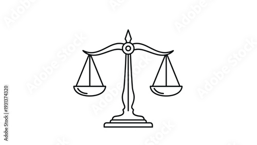 Justice scales icon in a clean black line art style represents law and legal concepts on a simple white background.