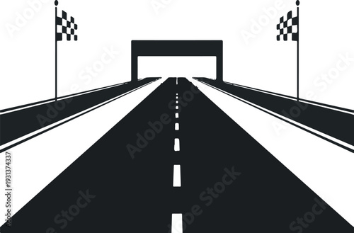 Dynamic Black and White Vector Illustration: Race Track to Finish Line with Iconic Checkered Flags and Overhead Arch, Symbolizing Competition, Success, and the Ultimate Journey Towards Victory