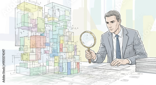 Man in Suit Examining Documents with Magnifying Glass.