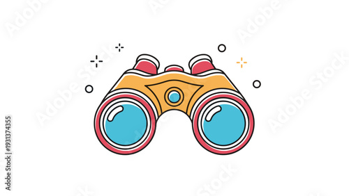 Colorful vector icon of binoculars with sparkling star accents representing vision, discovery, exploration, and distant observation.