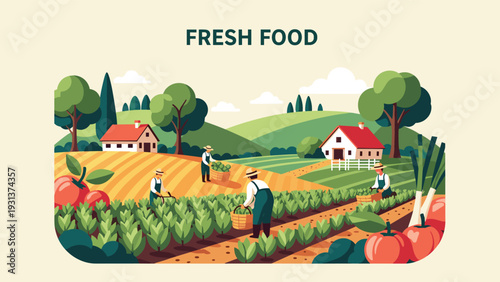 Farmers working in a lush vegetable field during harvest time with a fresh food label and small white farmhouses in the background.