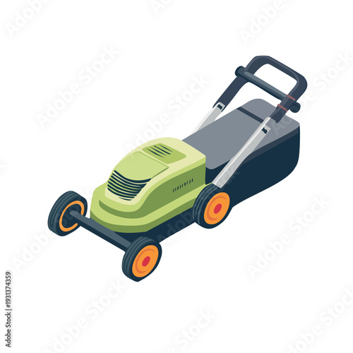 Transparent background electric lawn mower isometric flat color vector EPS for agriculture and sustainability series.