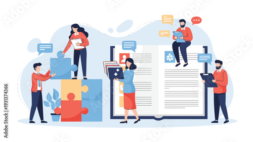 People collaborating on a large open book and assembling puzzle pieces to represent the shared process of education and team learning.