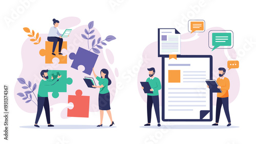 Two separate scenes showing professional teams collaborating on puzzles and reviewing business documents to solve complex problems.