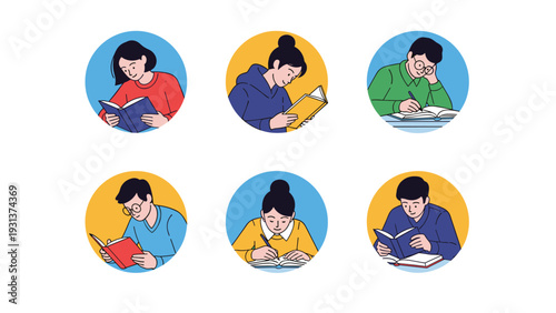 Collection of six colorful circular icons depicting diverse students engaged in reading books and writing their school assignments.