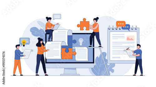 Group of young professionals working together on a large computer screen to solve puzzles and complete complex creative projects.