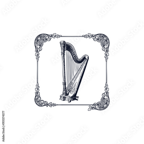 Vintage engraving illustration of a classical musical harp instrument inside an ornate decorative floral frame.
