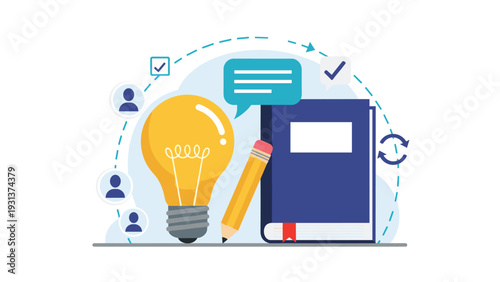 Educational concept with a large glowing lightbulb, thick blue book, and a pencil surrounded by various learning and study icons.