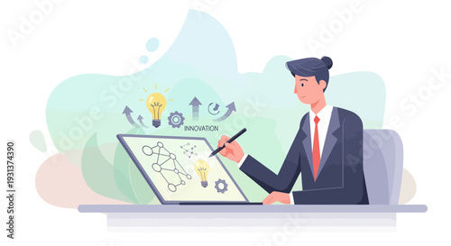 Businessman drawing mind map on tablet.