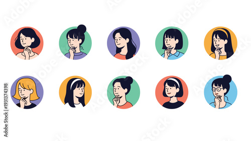 Set of ten diverse female avatars with different hairstyles and colors shown in colorful circular frames with thoughtful expressions.