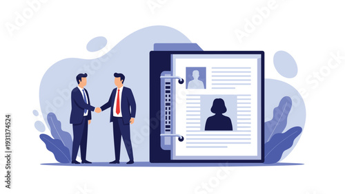 Two businessmen shaking hands in front of a giant profile document or resume to symbolize a successful hiring or partnership.