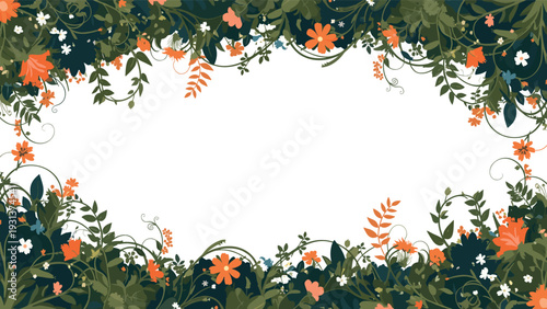 Lush floral frame with vibrant orange flowers and deep green leaves entwined in a dense botanical border on a white background.