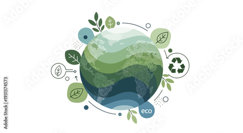 Vibrant illustration of a green Earth globe with surrounding leaves, recycling icon, and eco-friendly symbols.