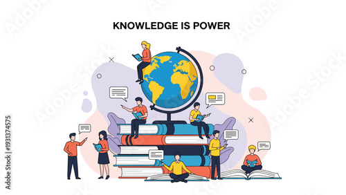 Diverse group of people studying and reading books around a large globe with the motivational phrase knowledge is power.