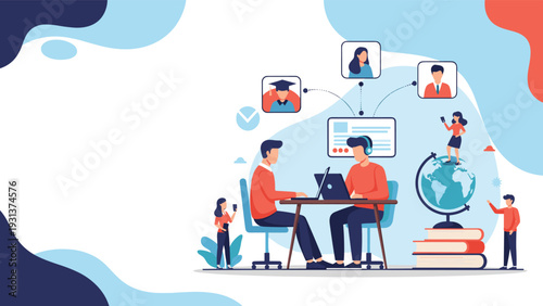 Concept of global online education and distance learning with students using laptops and connecting through digital platforms.