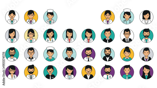 Collection of flat design avatars representing various medical professionals like doctors and nurses in circular icons.